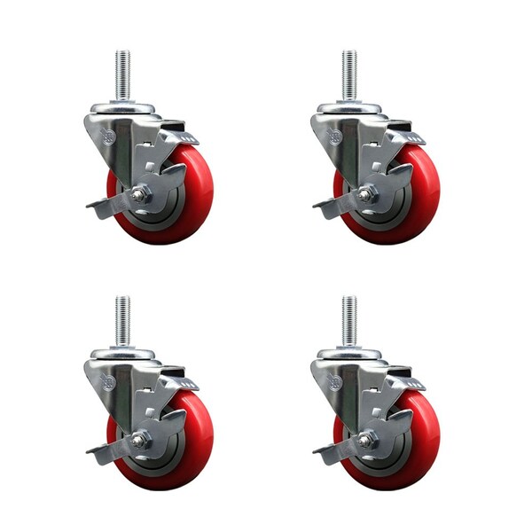 Service Caster 35 Inch Red Polyurethane Wheel Swivel 58 Inch Threaded Stem Caster Set with Brake SCC SCC-TS20S3514-PPUB-RED-TLB-58212-4 - main